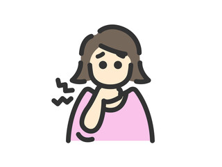 喉を痛めた、女性のアイコン（線画カラー）のイラスト