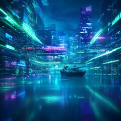 Futuristic Cityscape with Military Vehicle at Night