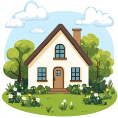 Naklejka premium Charming cartoon house surrounded by lush greenery and blooming flowers, evoking a peaceful and inviting atmosphere.