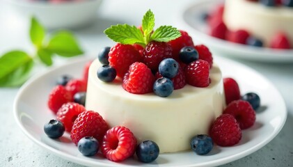 Creamy white dessert topped with fresh berries and mint leaves, dessert, fresh mint