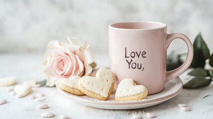 cute pastel pink mug with Love You text, cookies, and rose