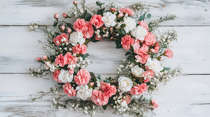 delicate floral wreath made of pink carnations and white roses, perfect for decoration