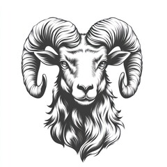 Majestic ram head illustration, black and white, detailed horns and fur.