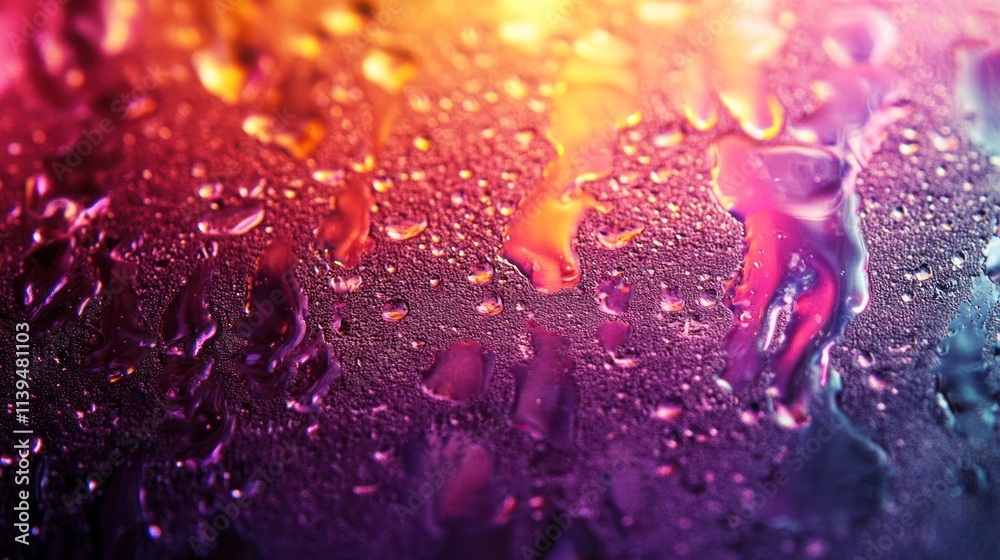 Poster a close-up of colorful water droplets on a surface, creating an abstract, vibrant effect.