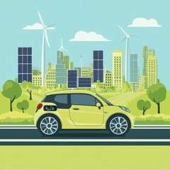 A vibrant yellow electric car drives along a tree-lined road, with wind turbines and solar panels in the background.