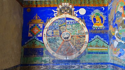 Thanka wall paintings in Sankar Monastery or Gompa Leh, Ladakh, India. Sankar gompa has 108 volumes of Buddha teachings and three images of the present, Buddha, future Buddha, Past Buddha.