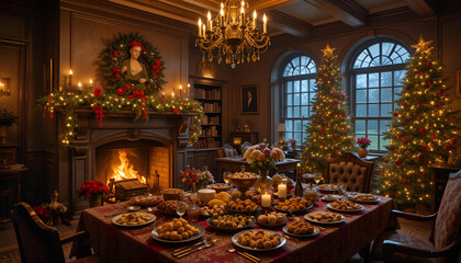 A cozy Christmas interior of a warm manor house, filled with festive lights, a crackling fireplace, and a table overflowing with delicious holiday foods.