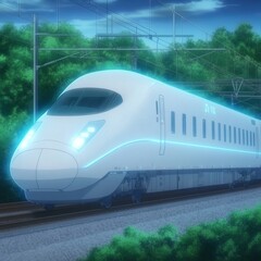 Naklejka premium Futuristic High-Speed Train Gliding Through Lush Greenery