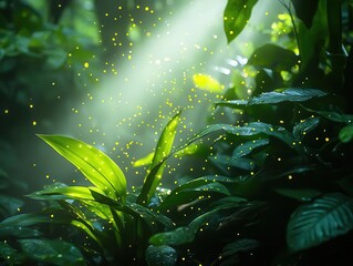 A bright jungle setting where a photographer captures glowing insects under dappled sunlight, surrounded by lush greenery