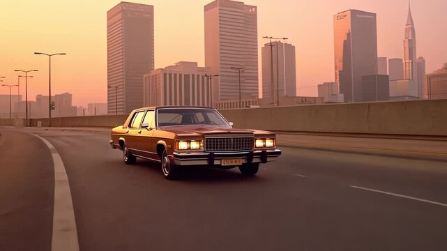 Expesive retro car in 70s style on the urban street with orange sky