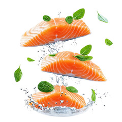 Flying salmon steak, isolated on a white background, adding a playful and dynamic touch to the image. PNG