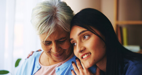 Hug, empathy and caregiver with elderly woman in home for support, compassion and comforting....