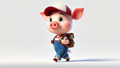 Piglet going to school on a white background. Clipart.