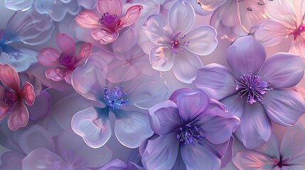 Artistic display of layered purple plexiglass flowers in soft pastel tones, creating a dreamy aesthetic. 8k UHD, suitable for high-quality printing or digital display. 