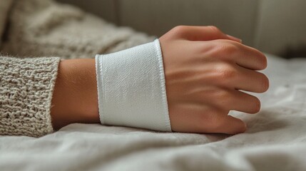 Hand with White Bandage Wrapped Around Wrist Displaying Care and Recovery in a Cozy Indoor Setting