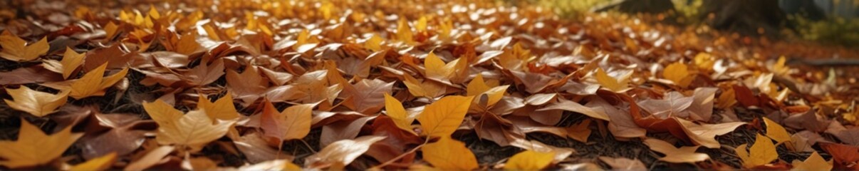 A pile of crunchy golden brown autumn leaves on a forest floor, wood texture, natural colors