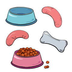 Illustration of colorful pet food bowls and delicious treats for our beloved animals.Vector illustration. Pet shop