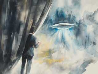 Watercolor man in suit observing UFO emitting light, mysterious alien encounter, sci-fi concept, dramatic atmosphere, glowing beam in cloudy night sky

