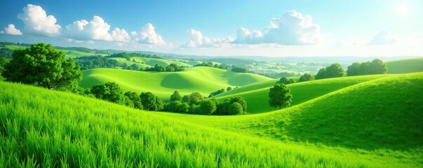 Fototapeta premium A landscape featuring rolling hills and green clumps, FreshGreenGrass, PeacefulScenes, RuralLife