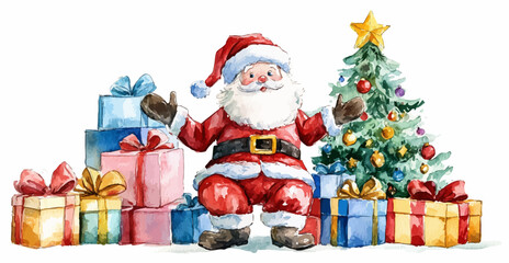 Santa Claus with christmas giftbox watercolor vector illustration，Christmas trees and Santa Claus 