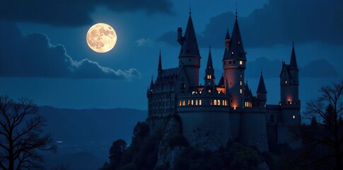 A full moon casts an eerie glow on the castle's spires, illuminated, dark