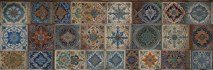 A collection of colorful ancient Turkish tiles on a shelf, unique, decorative item