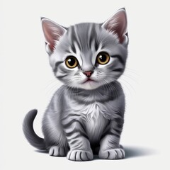 Fototapeta premium Illustrated cartoon kitten sitting with big brown eyes and grey fur, perfect for playful themes.