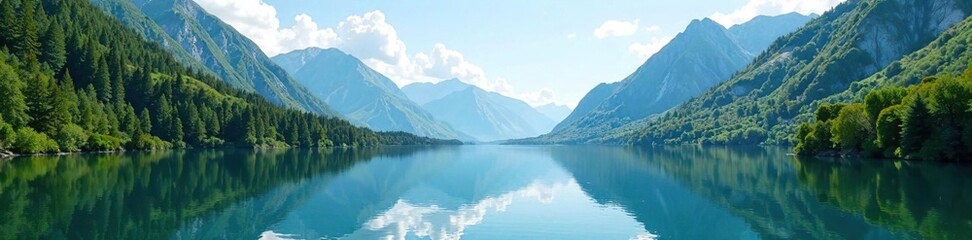 Tranquil lake nestled in the mountains with surrounding trees and a clear sky, landscape, water, peaceful