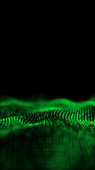 Green glowing circles particles wave at the bottom on a black abstract background, bokeh effect, vertical composition. Event and banner background.