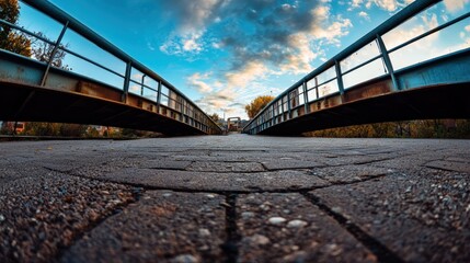 Fototapeta premium A low-angle view of a bridge with a scenic sky and pathway leading toward the horizon.