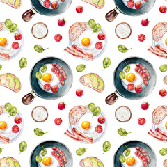 Fried egg with sausages, bacon, spinach leaves and tomatoes, plate and skillet seamless pattern