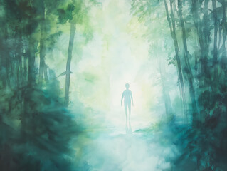 Watercolor silhouette of alien figure walking through misty forest, mysterious atmosphere, unidentified extraterrestrial being, glowing light, sci-fi concept, surreal landscape, eerie scene

