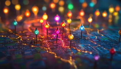 A bright travel board filled with glowing pins and mementos, each one marking a cherished destination