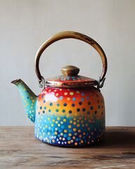 A colorful teapot with a handle and a lid. The teapot is decorated with dots and has a rainbow pattern