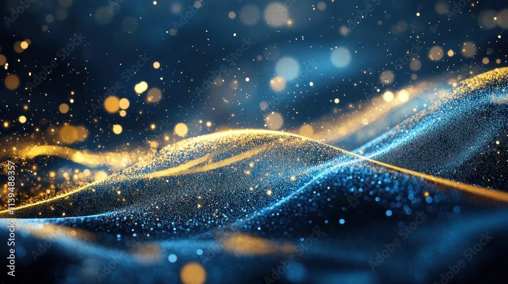 Poster a mesmerizing abstract representation of shimmering waves with golden and blue hues.