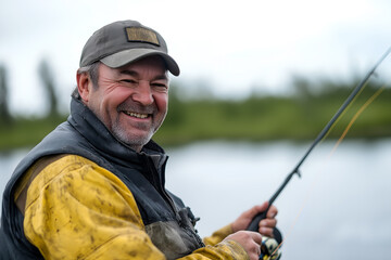 Friendly fisherman smiling, casting a fishing line into a lake, looking at camera, Close-up outdoors portrait