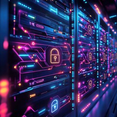 Obraz premium Futuristic digital security interface showcasing neon lock symbols and intricate circuit patterns in a tech environment.