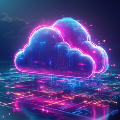 Futuristic digital clouds with neon lights hovering over a circuit board, symbolizing cloud computing technology.