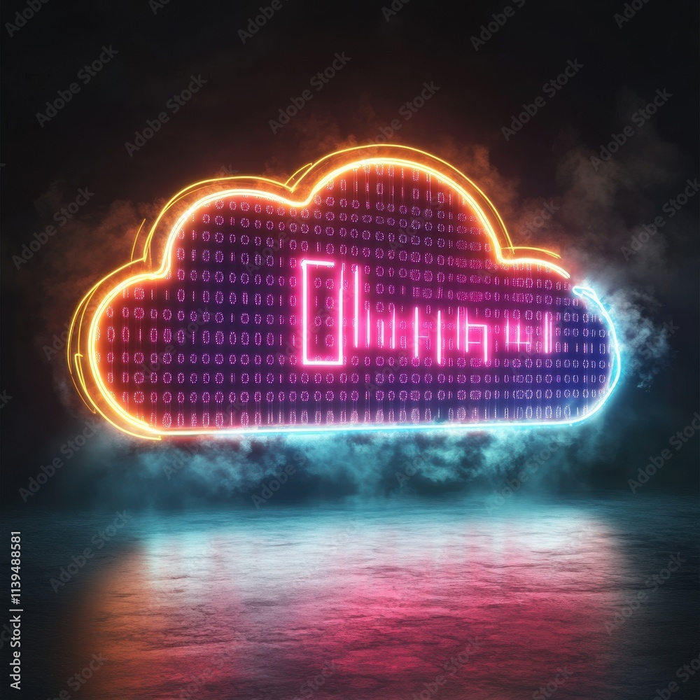 Poster a vibrant neon cloud symbol with binary code, representing digital data storage and cloud computing 
