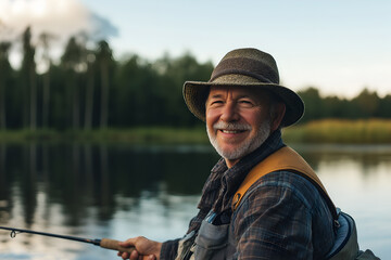 Friendly fisherman smiling, casting a fishing line into a lake, looking at camera, Close-up outdoors portrait
