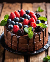 chocolate cake, raspberries, chocolate frosting, raspberry garnish, dessert, elegant cake, chocolate ganache, rich chocolate, berry dessert, celebration cake, decadent cake, sweet treat, cake with fru