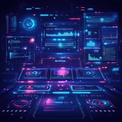Fototapeta premium Futuristic control panel with glowing neon interfaces and data visualizations, creating a high-tech atmosphere.