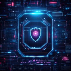 A vibrant digital shield icon set against a high-tech interface, symbolizing cybersecurity and protection.