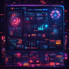 An advanced digital interface featuring vibrant graphics and data visualization elements in a futuristic setting.