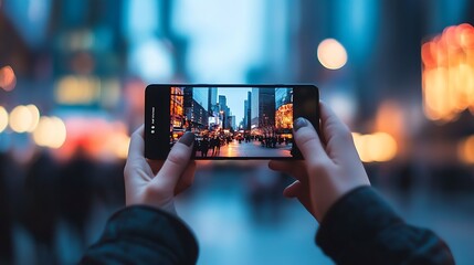 Person Capturing Cityscape with Smartphone in Hand