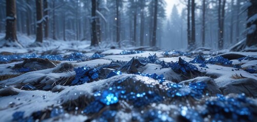 Naklejka premium Glittering blue sequin texture on a snowy forest landscape, frosty scene, wintry atmosphere, winter woods