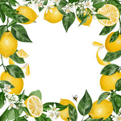 Frame of lemons and flowers. Square botanical frame with orange blossom. Leaves, flowers and yellow citrus fruits. watercolor illustration on a transparent background