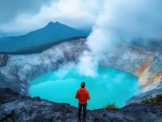 A bright volcanic crater with glowing steam rising, travelers capturing photos of the surreal landscape