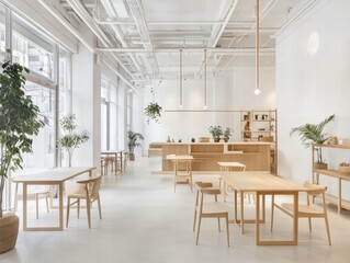 Fototapeta premium Bright Minimalist Workspace with Wood Furniture and Green Plants
