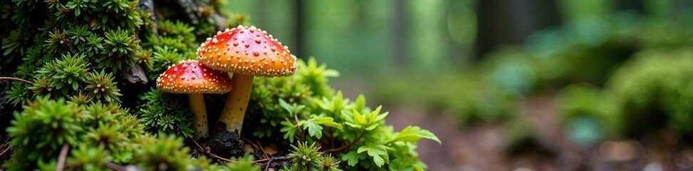 Fototapeta premium Forest floor with Clitopilus prunulus and other fungi growing among tree trunks, lichen, ferns, moss